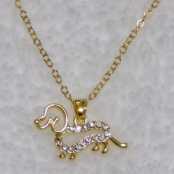 Gold Dachshund 18" Necklace Rhinestone Girls Hot Dog Doxie - Picture 2 of 6